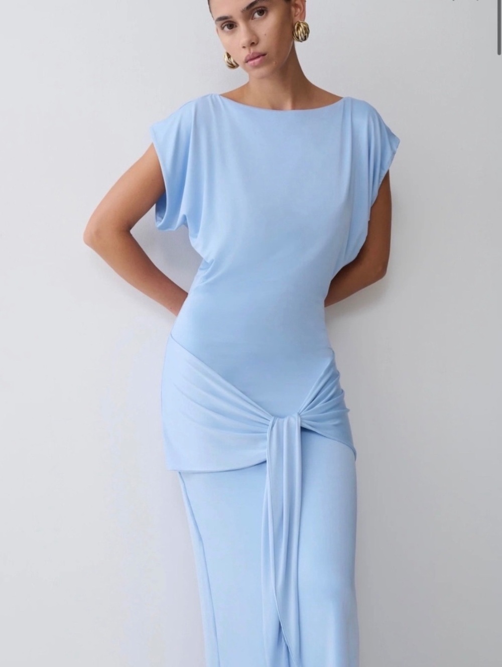 MESHKI Maiara Slinky Tie Maxi Dress Sea Blue Short Sleeve Size S